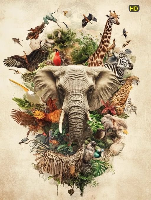 African wildlife and savanna biodiversity collage